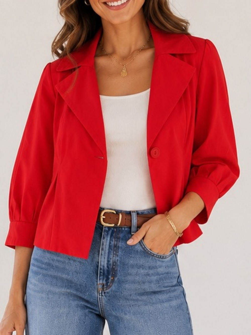 Nine West Red Cropped Blazer Jacket Pleated Puff 3/4 Sleeve Size 12